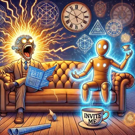 A Manifestor and a Projector on a cosmic couch, surrounded by creative chaos and serene awareness, visually representing aura dynamics and relationship humor.