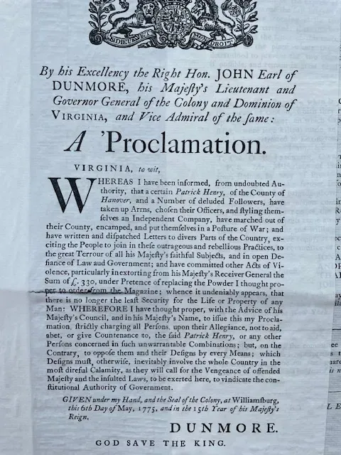 copy of Lord Dunmore's Proclamation to free the enslaved of Patriots if they serve the King in the Revolutionary War