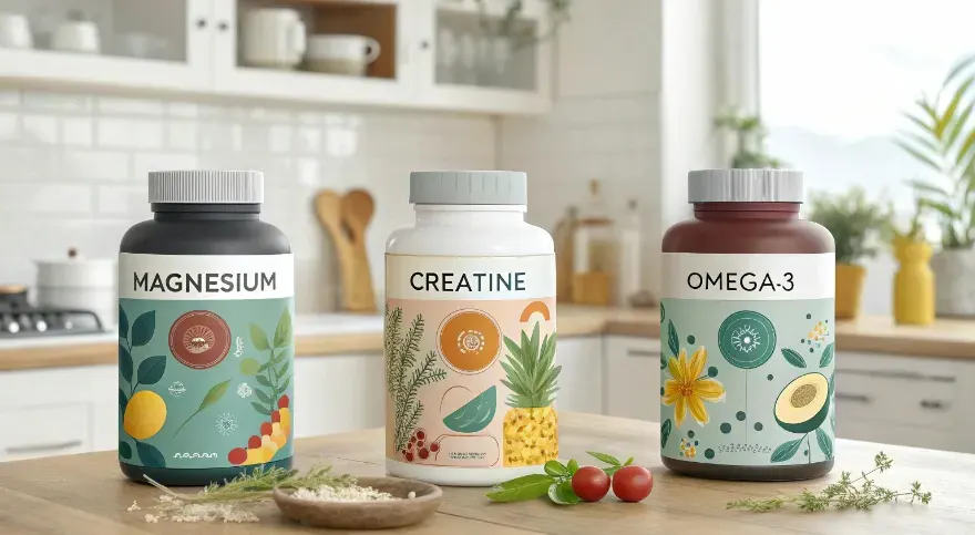 A variety of supplement bottles with labels like 'Magnesium', 'Creatine', and 'Omega-3', arranged on a kitchen counter with a background of a bright, well-organized kitchen.