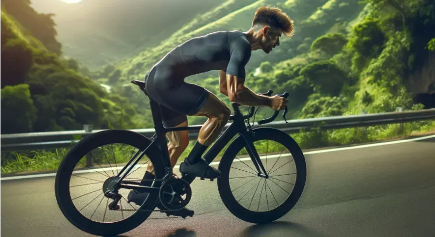 a high-resolution, action shot of a cyclist performing high-intensity interval training on a winding hill road. 