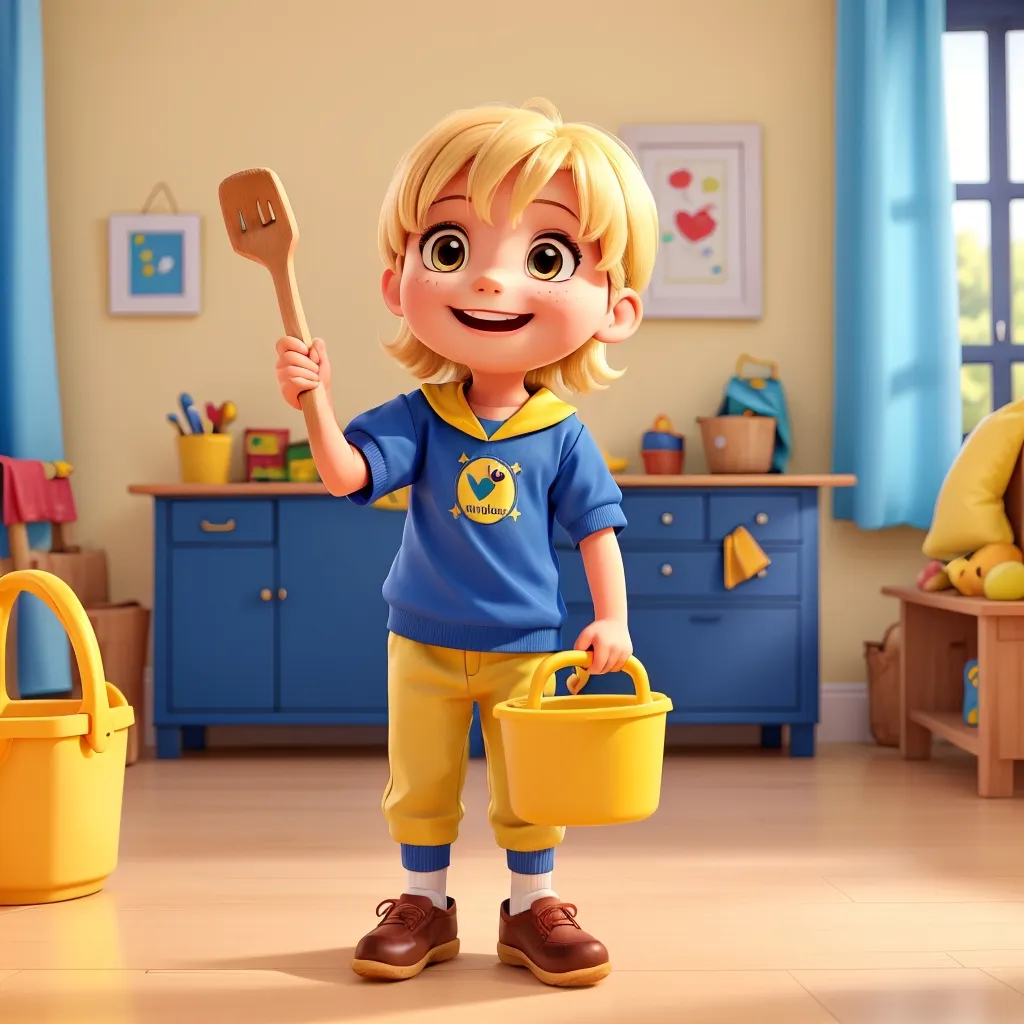 3D Pixar style blonde boy child with a bucket