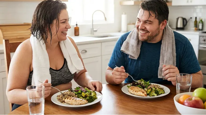 A chubby couple eating a Balanced meal with protein, vegetables, and whole foods on clean plates. They look like they recently completed a workout.