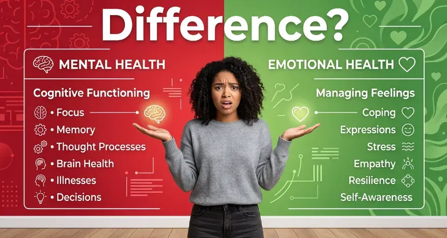 Split background realistic image: left half red labeled “MENTAL HEALTH,” right half green labeled “EMOTIONAL HEALTH.” Large white text “Difference?” across the top. In the center, a confused young woman with dark hair raises both hands as if weighing two options, looking uncertain. 