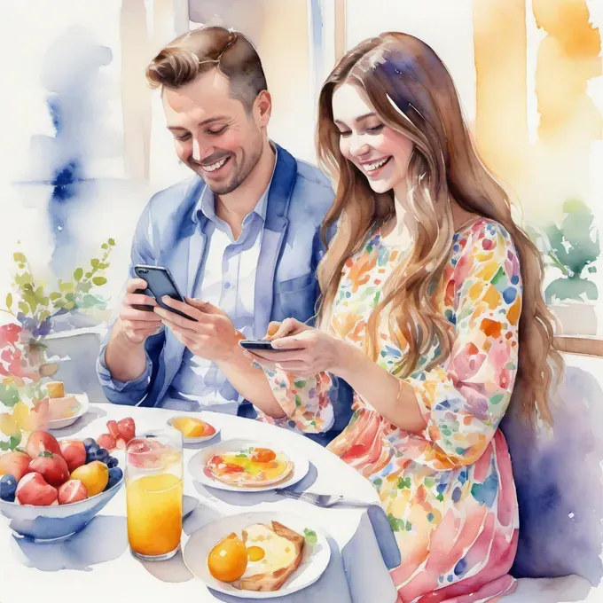 couple happily looking at their phone