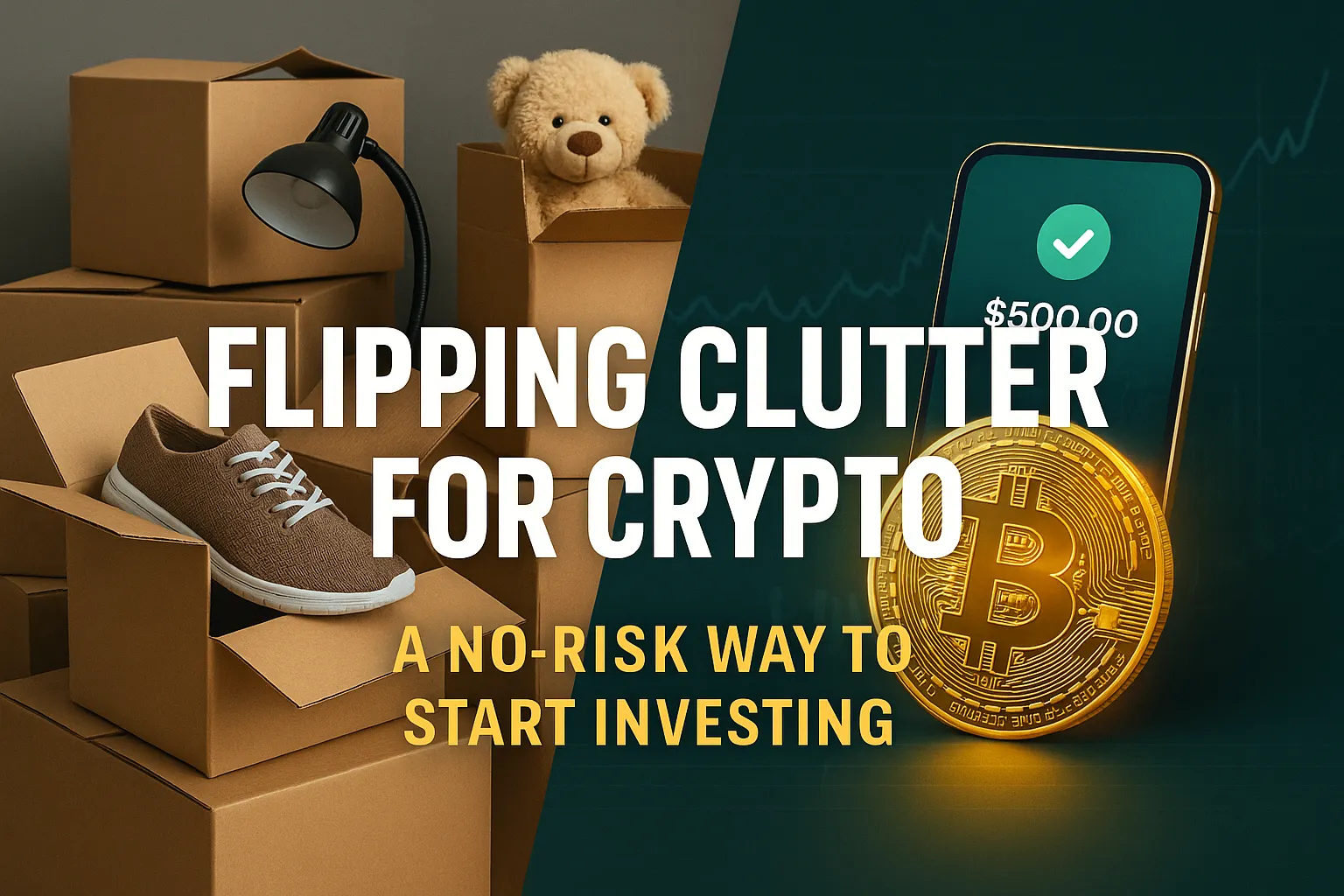 A box filled with household items and electronics, with an arrow pointing toward a glowing Bitcoin and smart phone, visually representing the concept of flipping clutter into cryptocurrency profits.