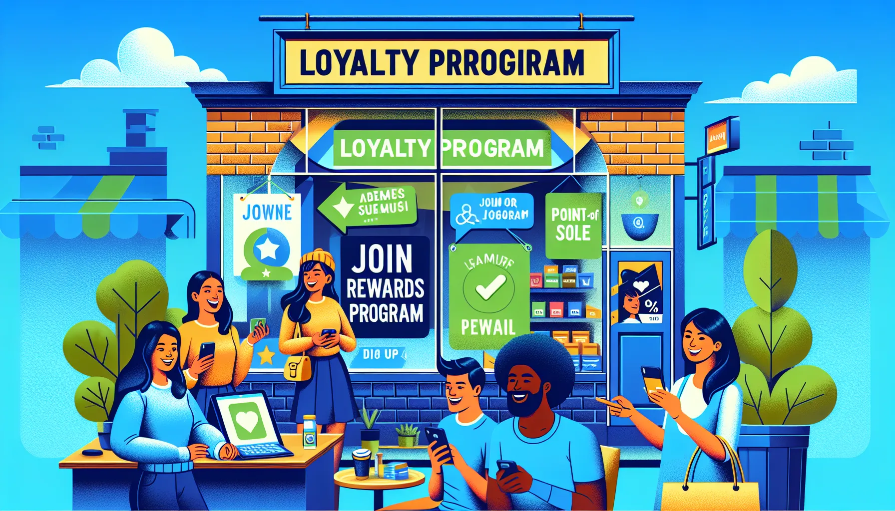 Illustration of people interacting outside a storefront for a loyalty program. Signs advertise membership benefits, loyalty incentives, rewards, point-of-sale systems, and joining bonuses. The bright and engaging atmosphere highlights how a loyalty program encourages sales and customer loyalty.