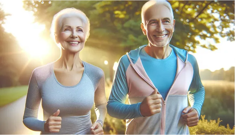 An image of a smiling elderly couple on a morning jog.