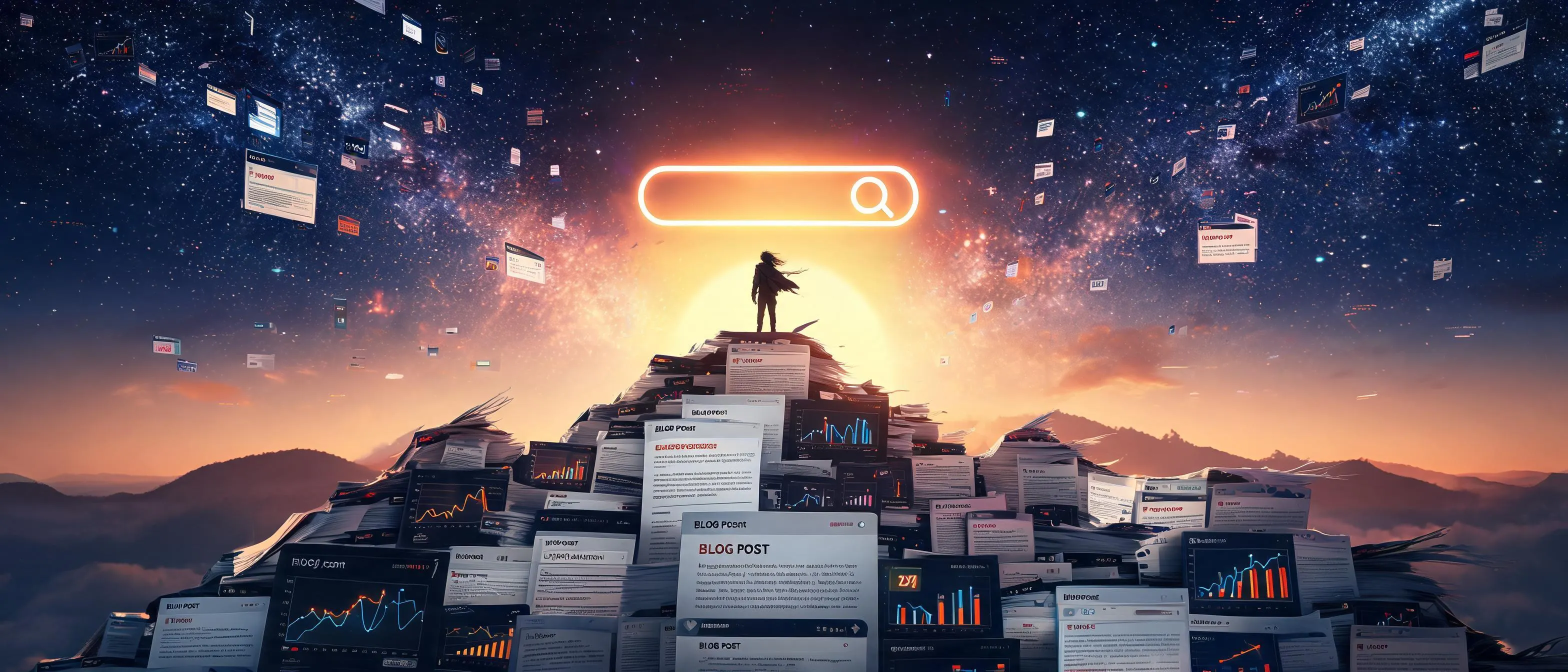 Successful blogger standing on mountain of content and analytics representing blogging achievement, online authority, and digital freedom in 2026-blogger-success-mountain-achievement-online-authority-2026