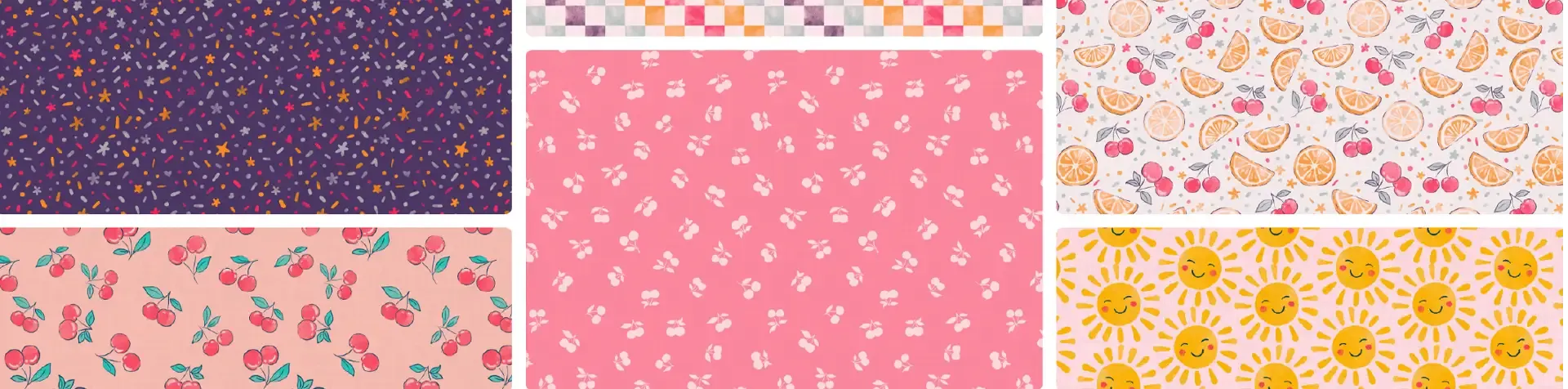 Treat Truck Summer collection page featuring playful retro-inspired surface pattern designs, including an ice cream truck logo, a children’s romper mockup, sweet treat prints, stripes, cherries, lemons, and colorful coordinating patterns in pink, aqua, yellow, and navy.