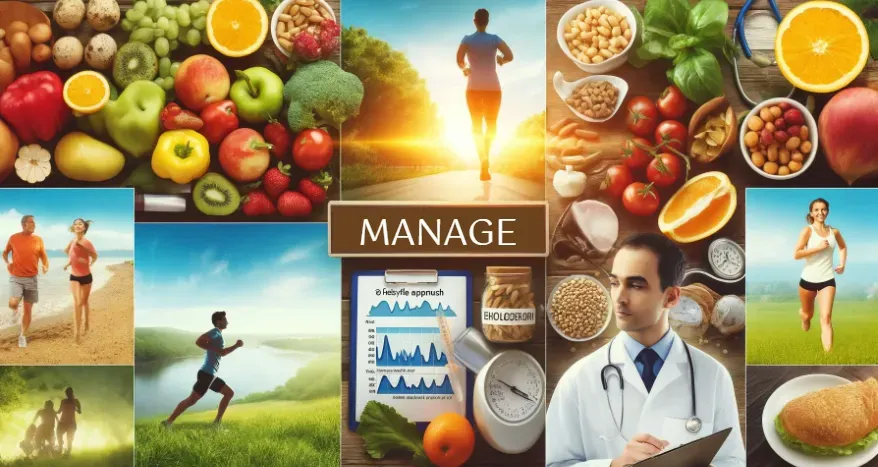 A lifestyle montage image showing diet, exercise, and consultation with healthcare professionals for managing cholesterol.