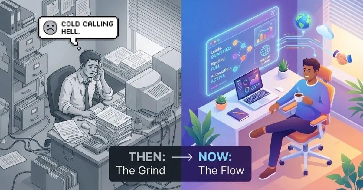 Comparison of stressful manual cold calling versus efficient AI-powered B2B sales trends.