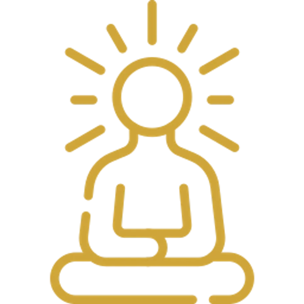 White and gold icon of person sitting in meditation with light beams coming out of head