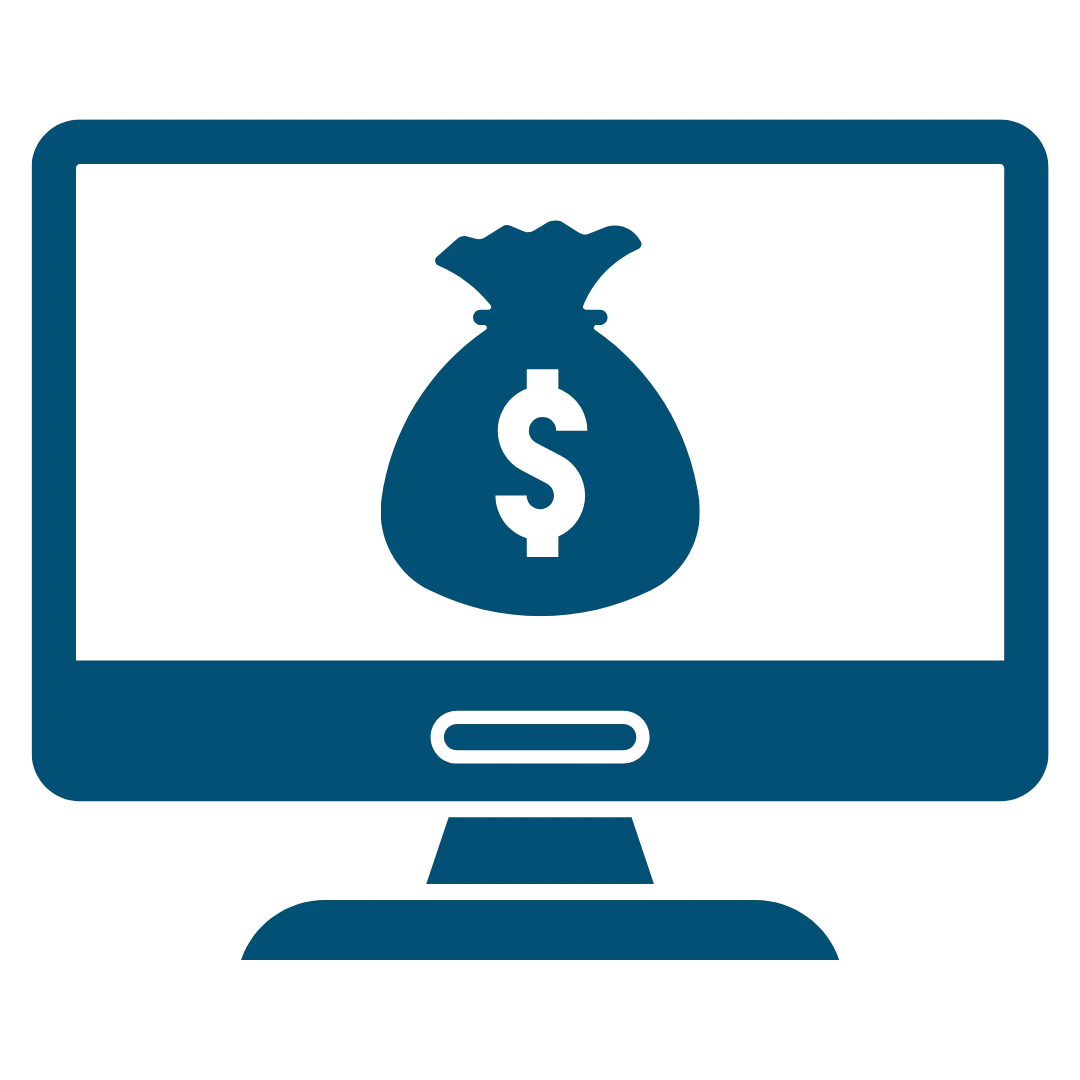 Icon of a monitor displaying a money bag, symbolizing financial opportunity or income.