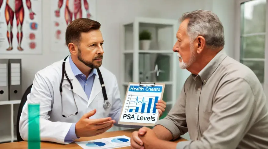 Doctor consulting with older male patient about PSA levels.