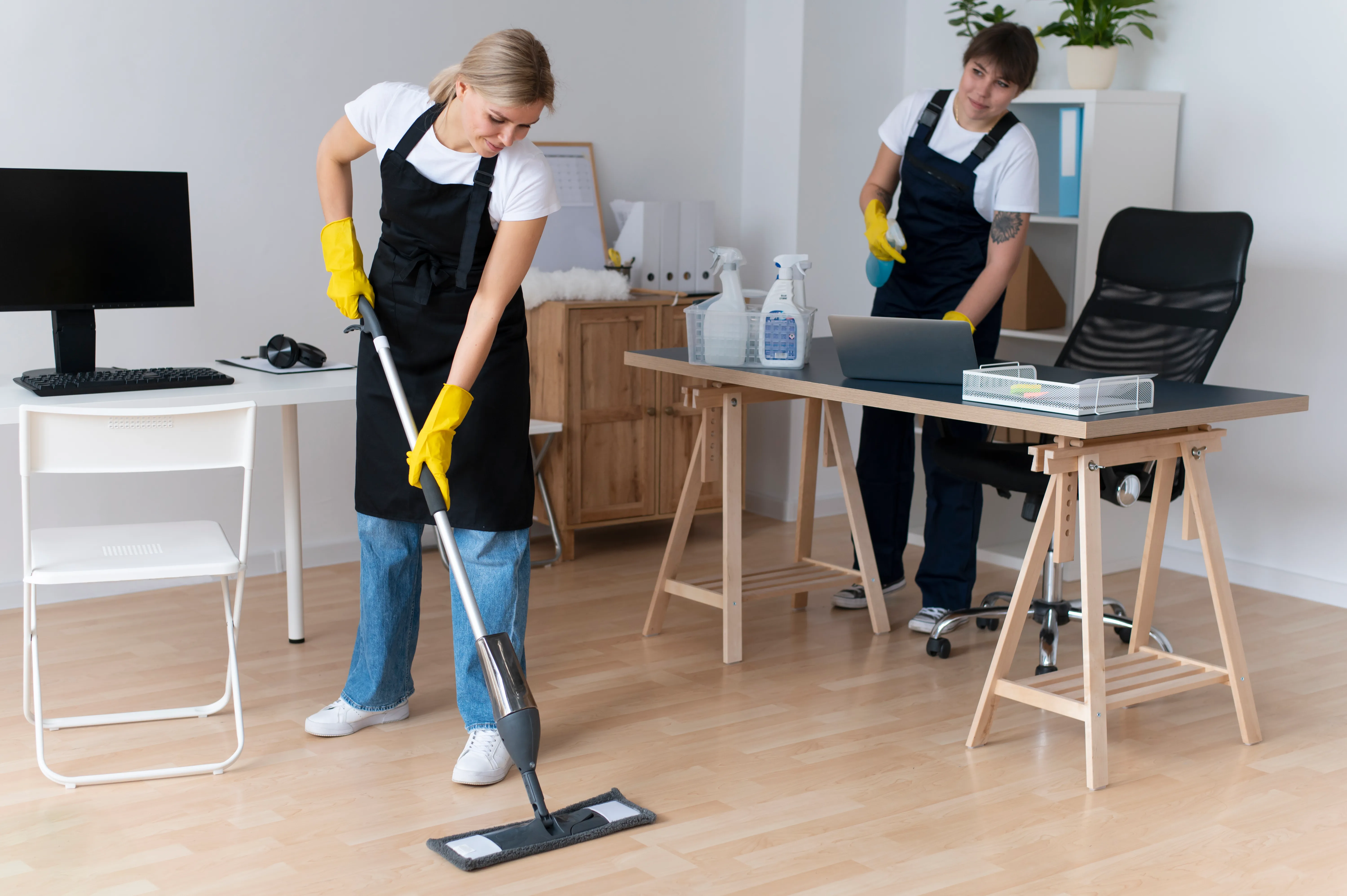 cleaning timber floors in an office