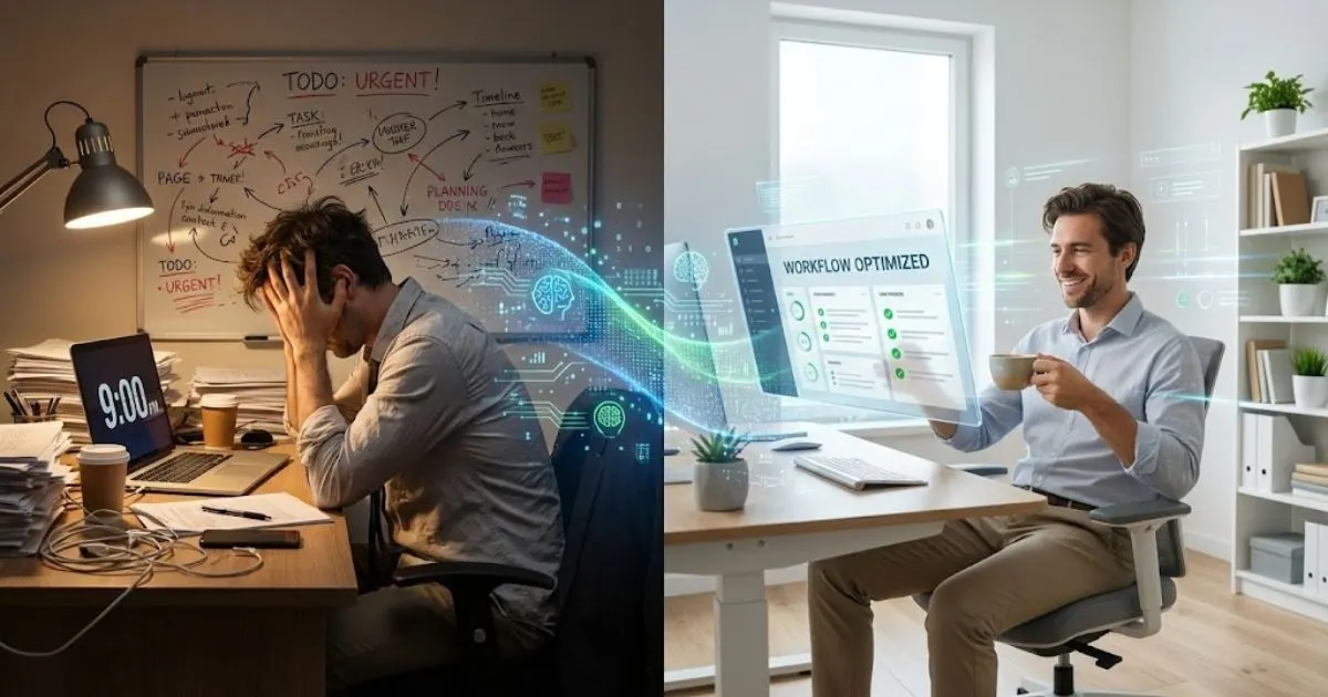 A business owner transitioning from a chaotic workflow to a streamlined process using AI tools.