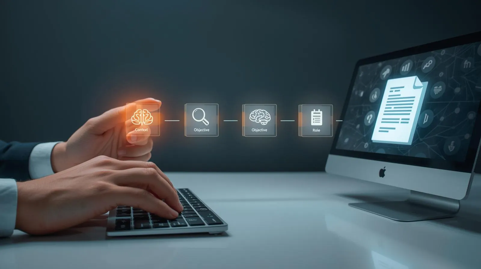 An entrepreneur using a strategic prompt engineering playbook to craft the perfect AI prompt for expert business results.