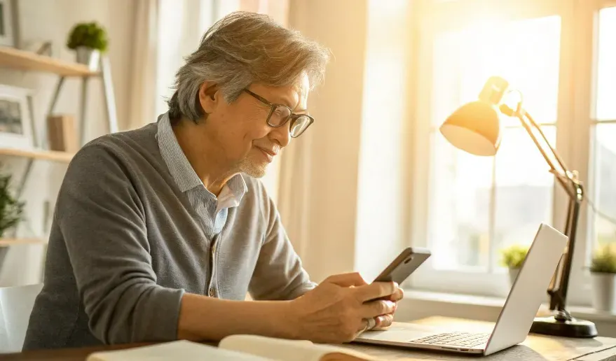 an image of a middle-aged person sitting at a desk in a bright room, wearing reading glasses and holding a smartphone at arm's length.