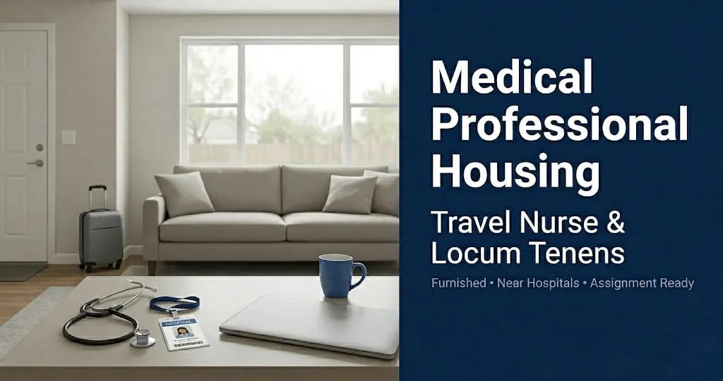 <alt=“Furnished housing for medical professionals with suitcase, stethoscope, and laptop in a clean living space.>”