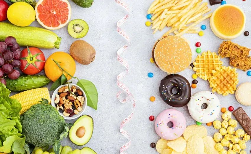 split image: one side is healthy foods, the other side is ultra-processed sugary foods.