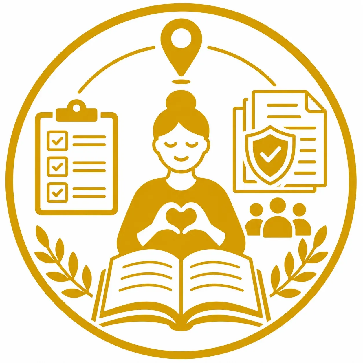 Gold PEACE of Mind icon showing calm paperwork learning, guidance notes, templates, live sessions, and structured written responses.