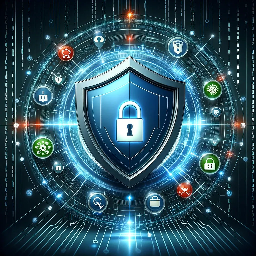 This digital shield symbolises cybersecurity protection against a backdrop of binary code, with icons representing malware, phishing, and secure locks. It highlights small business' digital defence strategies.