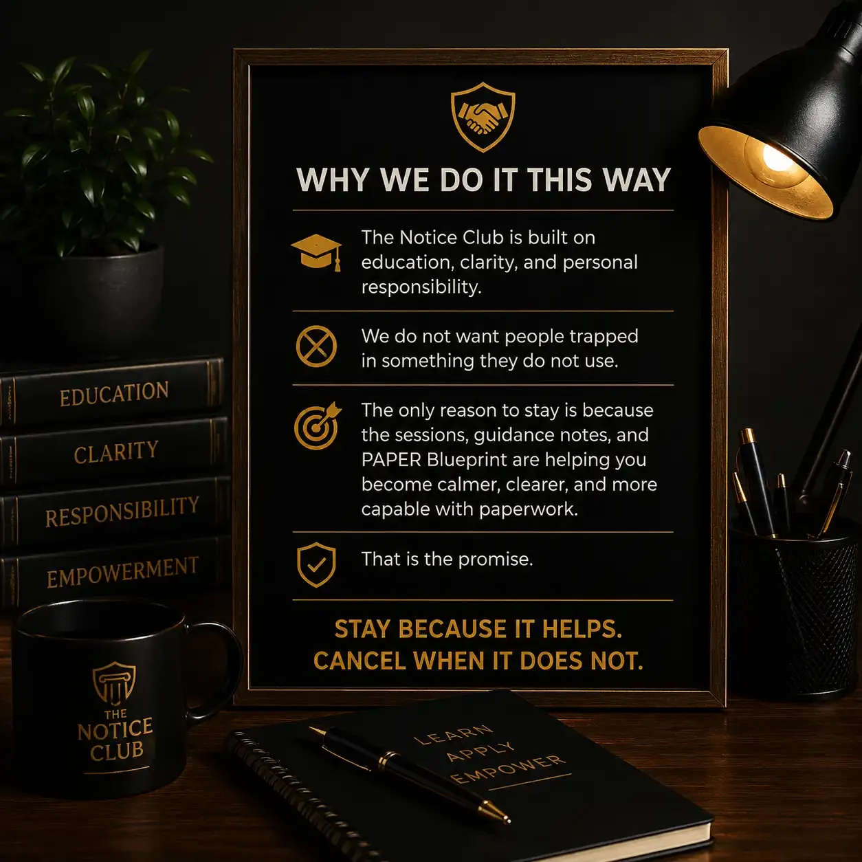 Moody black and gold desk image showing The Notice Club promise of education, clarity, personal responsibility, and simple cancellation.