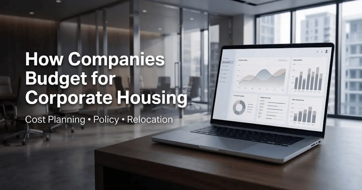 <alt=“Corporate housing budgeting concept with financial dashboard in executive office and relocation cost planning strategy.”>