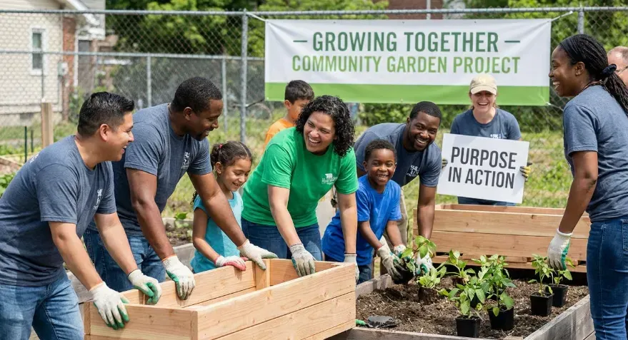 Volunteers working together in a community project illustrating purpose through contribution.