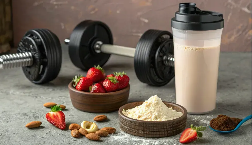  a fitness-inspired setting with a protein shake in a shaker bottle, a dumbbell in the background, and a variety of healthy ingredients. The ingredients include fresh strawberries in a wooden bowl, almonds, a scoop of powdered protein