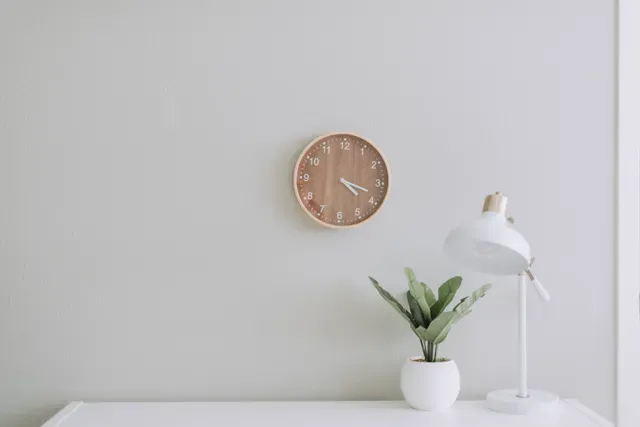 clock above a clean office desk with a fresh plant. owning your time instead of managing it.