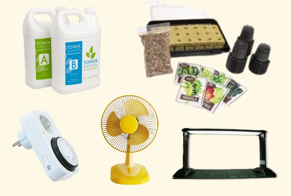 Collage of Tower Garden Seedling Starter Kit with rockwool, vermiculite, tray, and grow light for hydroponic gardening