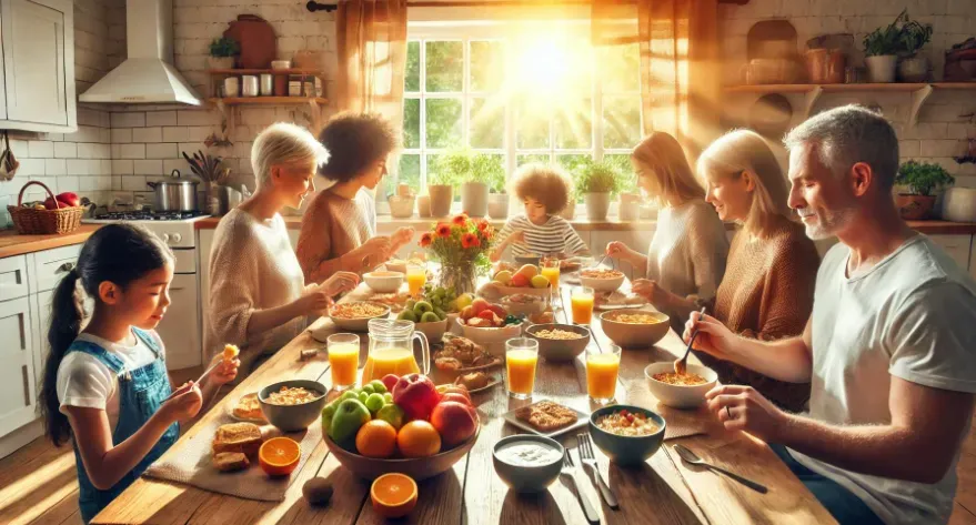 People enjoying a balanced breakfast together to promote regular eating habits.