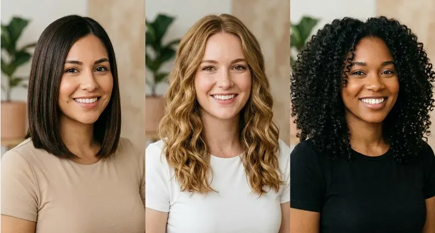 Comparison visual of different hair types including straight, wavy, and curly hair textures.