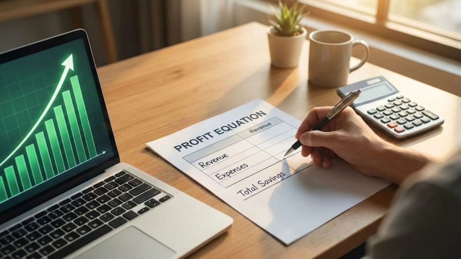 A business owner using a worksheet to predict ai return and calculate savings.