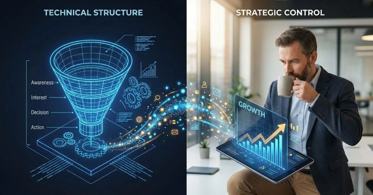A split screen showing a technical automated sales funnel blueprint next to a relaxed business owner viewing growth data.