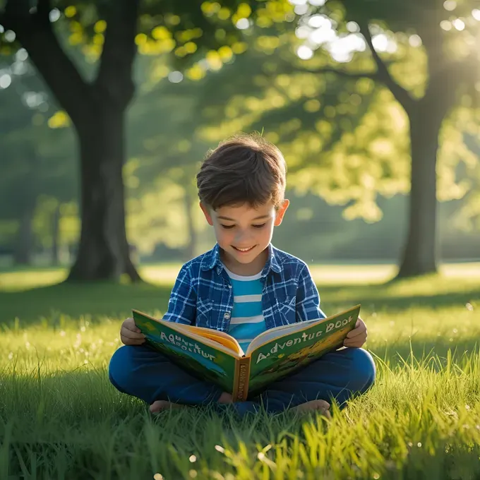 Little boy smiling reading a book