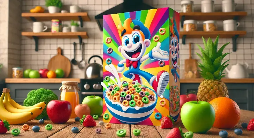 Colorful cereal box with a playful mascot surrounded by healthy fruits and vegetables.