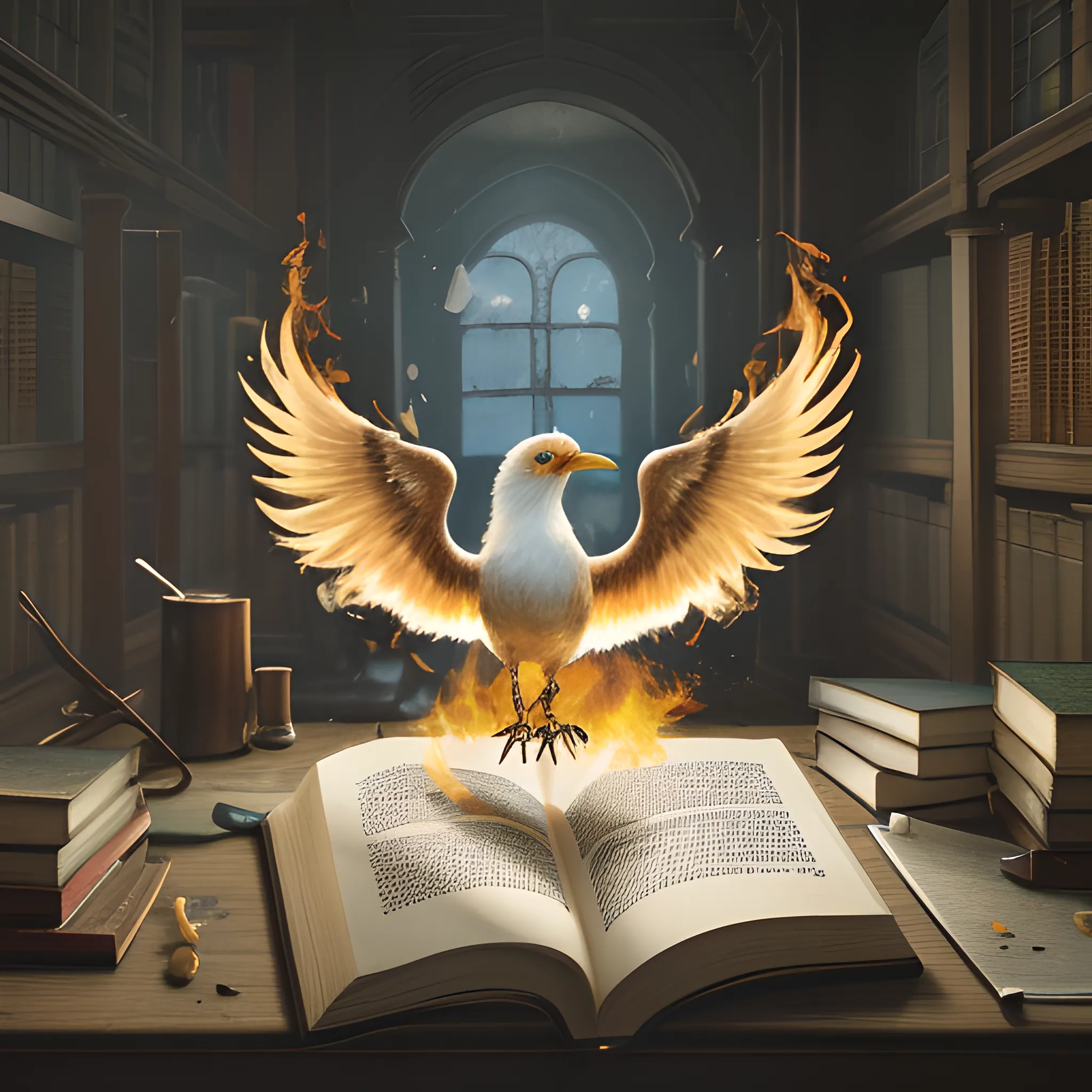 Phoenix alighting on top of an open book