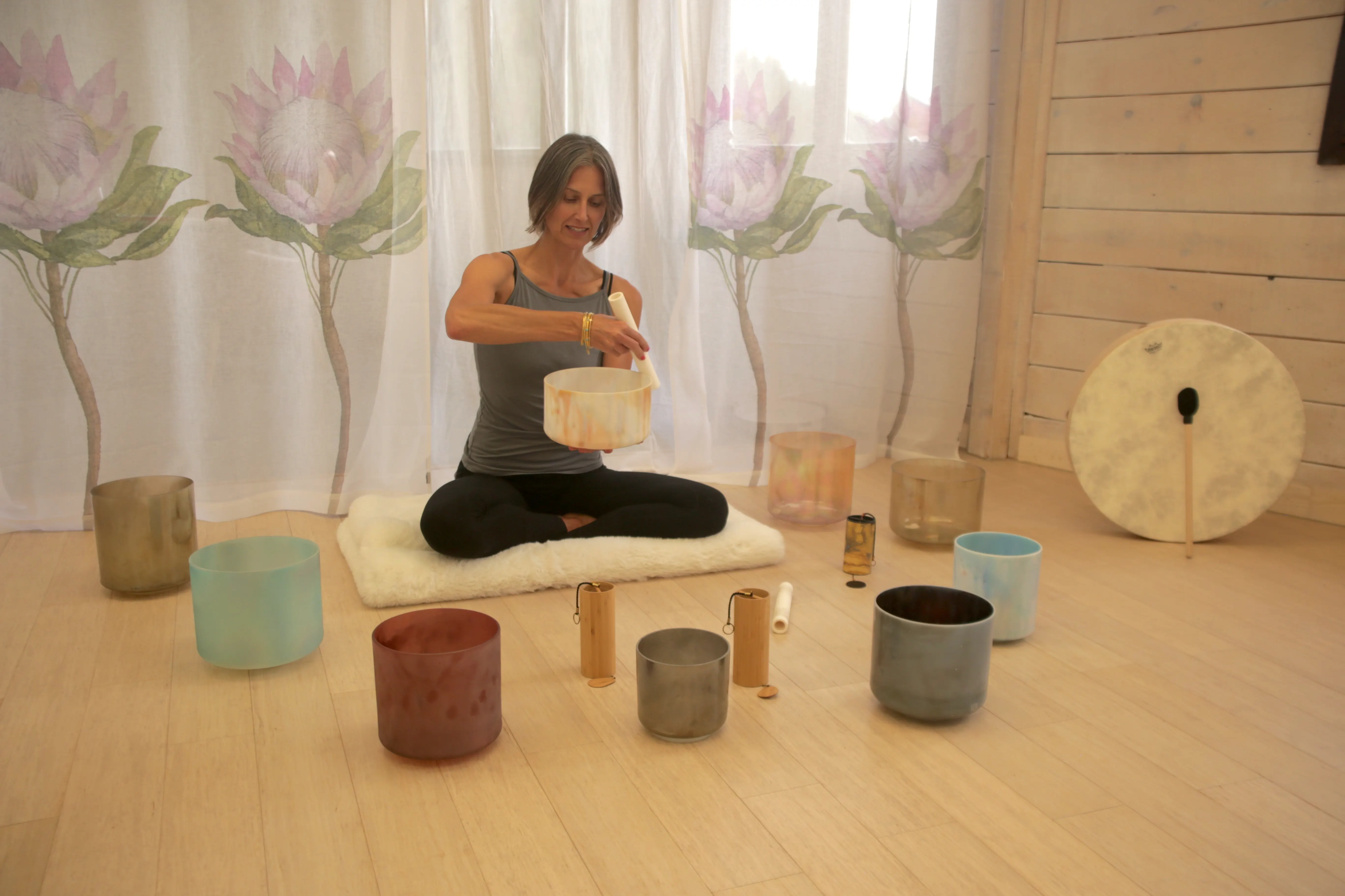 Dawn Playing Crystal Bowls at Apres Zen Community Sound Bath in Mammoth Lakes, CA