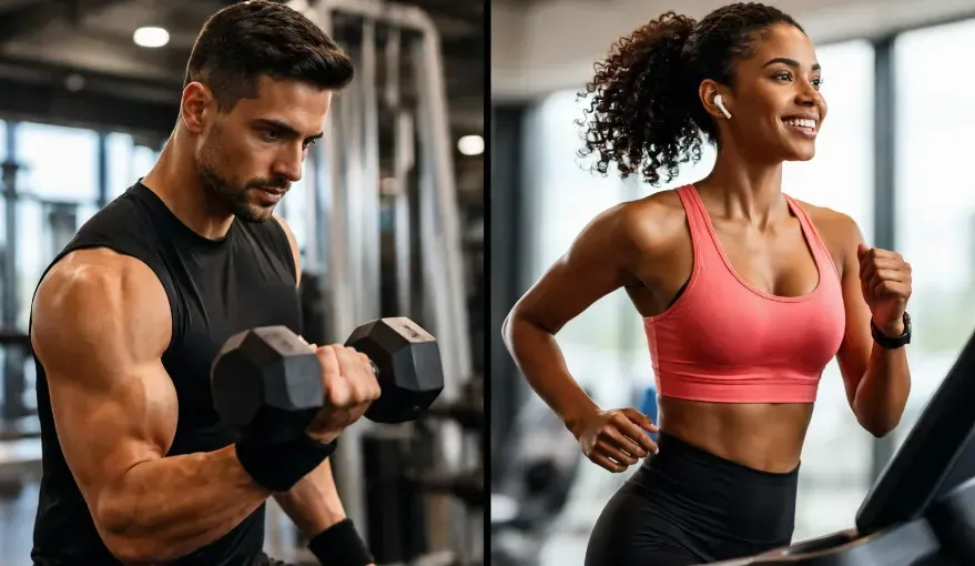 Split visual showing a latino man doing resistance training on one side and an african american woman doing cardiovascular training on the other, representing two exercise modalities.