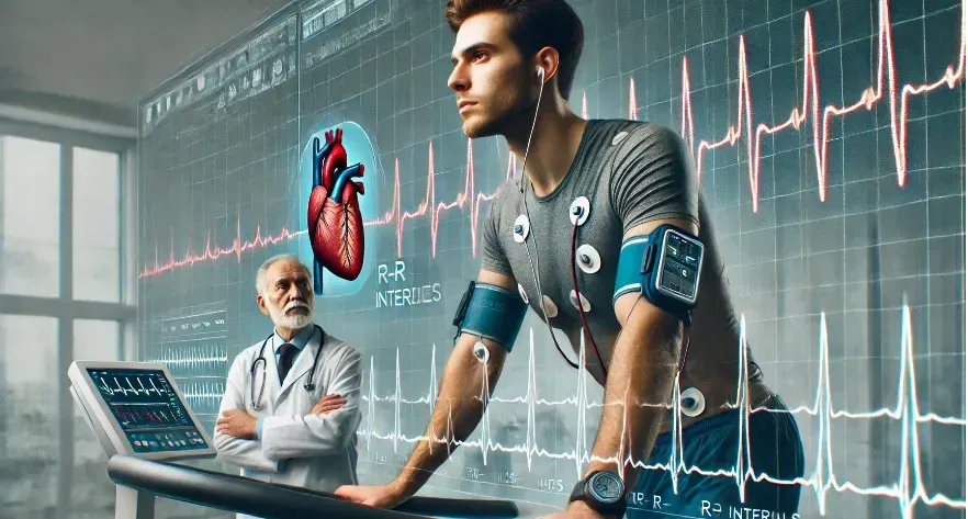 image of a man undergoing a medical test on a treadmill with an EKG graph showing R-R intervals superimposed in the background