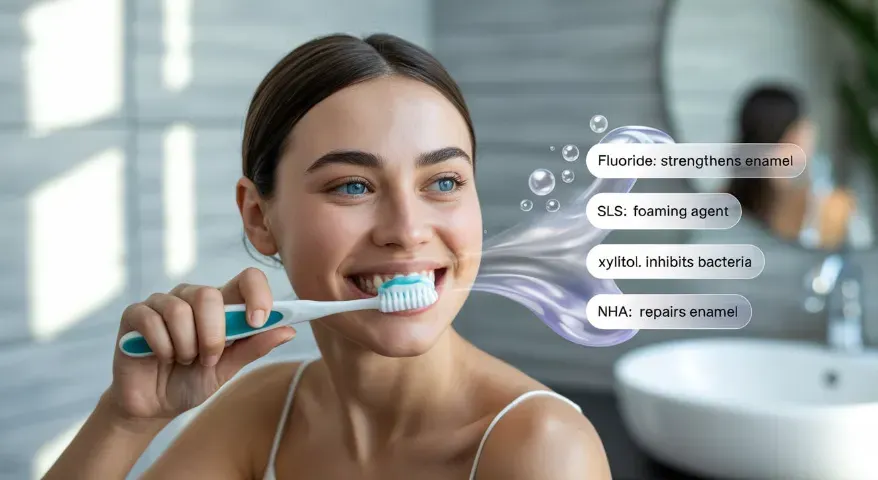 Close-up image of toothpaste in use with labeled callouts for common ingredients and their roles in oral health.