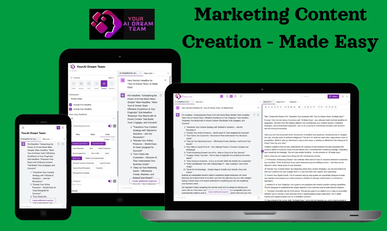 Picture of Phone, Tablet and Laptop with the words: Marketing Content Creation - Made Easy
