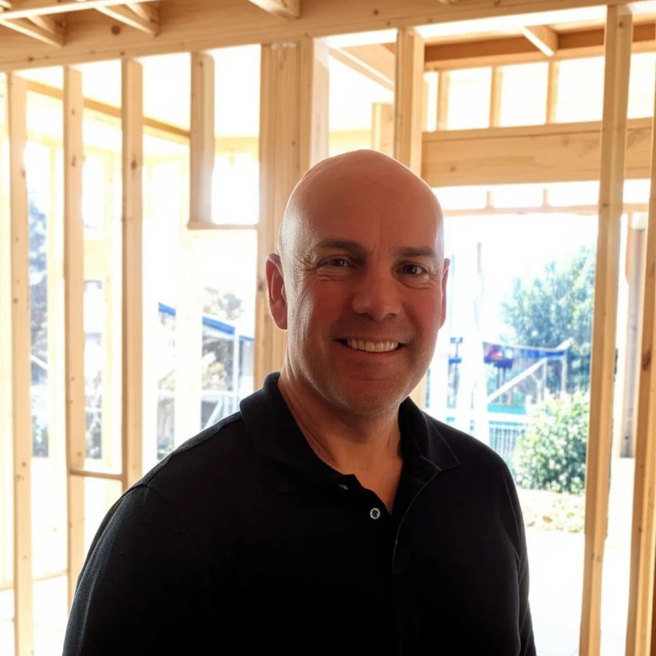 Founder, Luke standing inside a home that is under construction at frame completion 