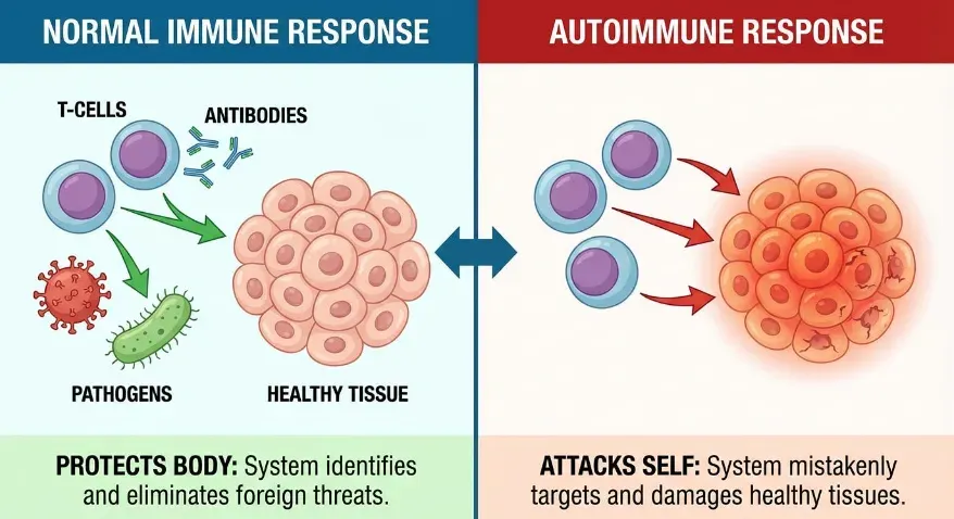 Comparison diagram showing a normal immune response protecting the body versus an autoimmune response attacking healthy tissue.