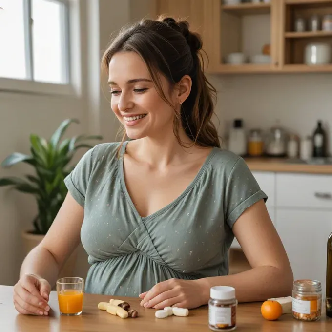 Smiling pregnant woman taking her vitamins and supplements