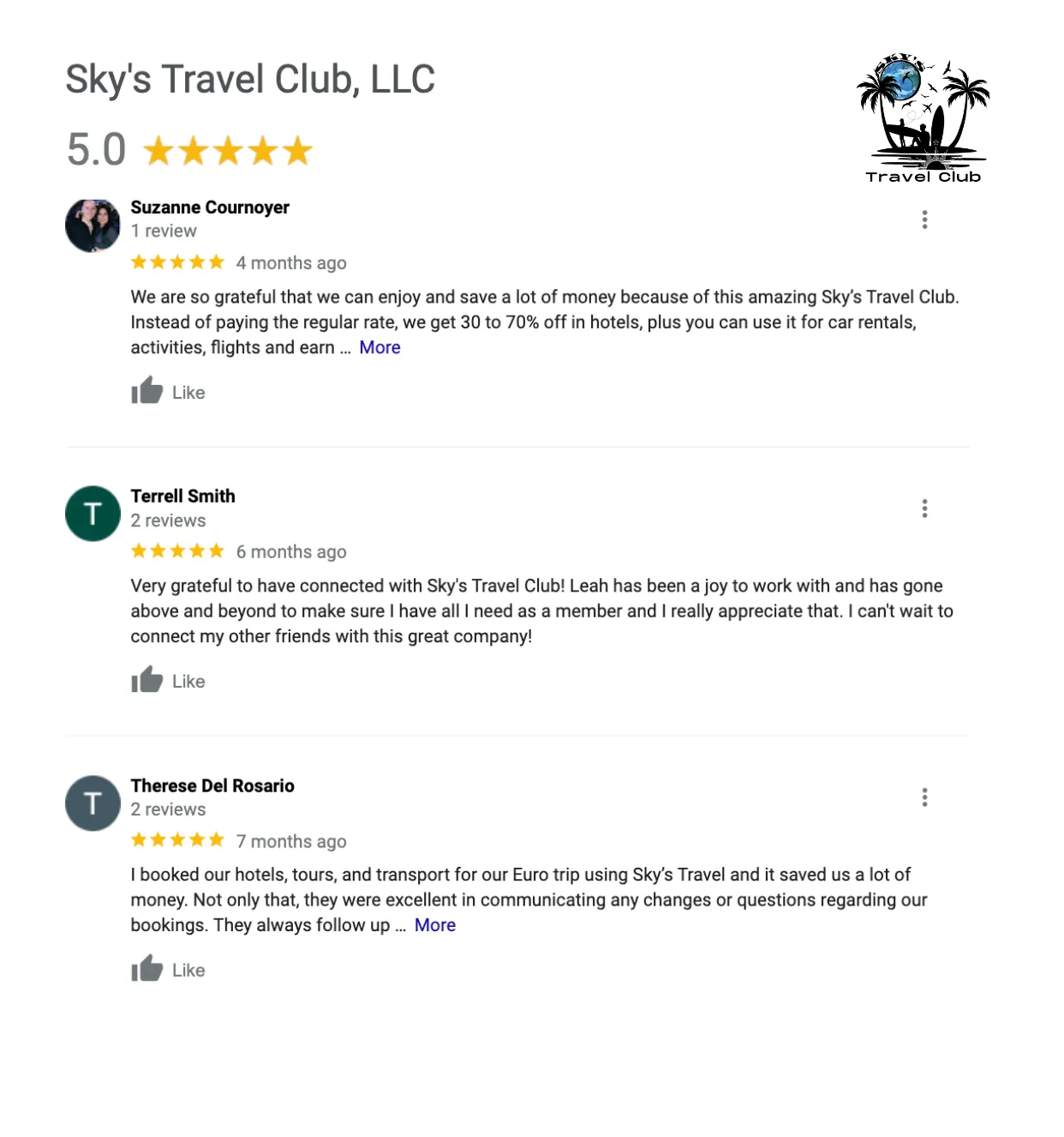 Google Reviews for Sky's Travel Club