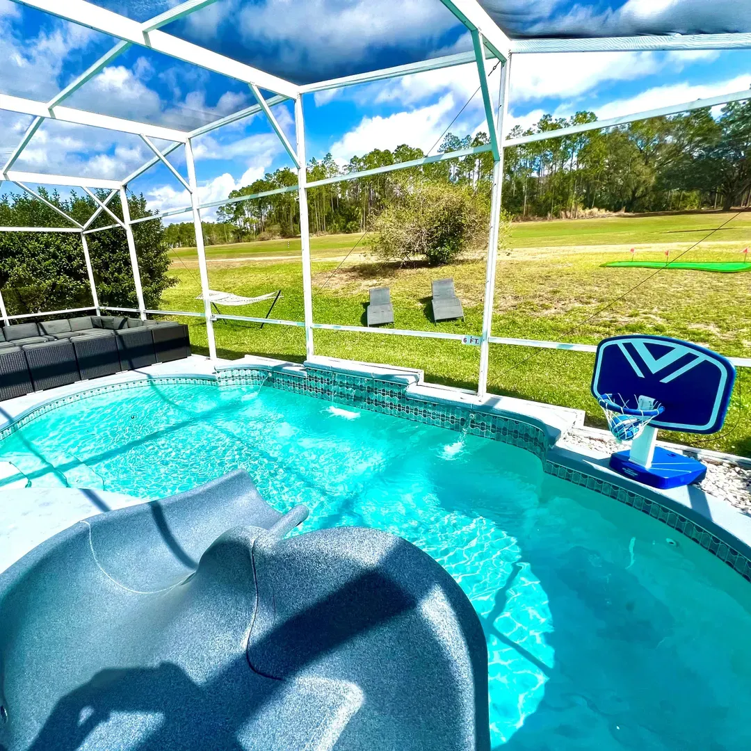 Private Pool Patio with Firepit, Hammock, Sun Loungers, Water Slide, Basketball Hoop, Putting Green, Games, and BBQs