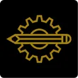 icon depicting gear with horizontal pencil overlayed center the gear in black and gold colors depicting engineering services